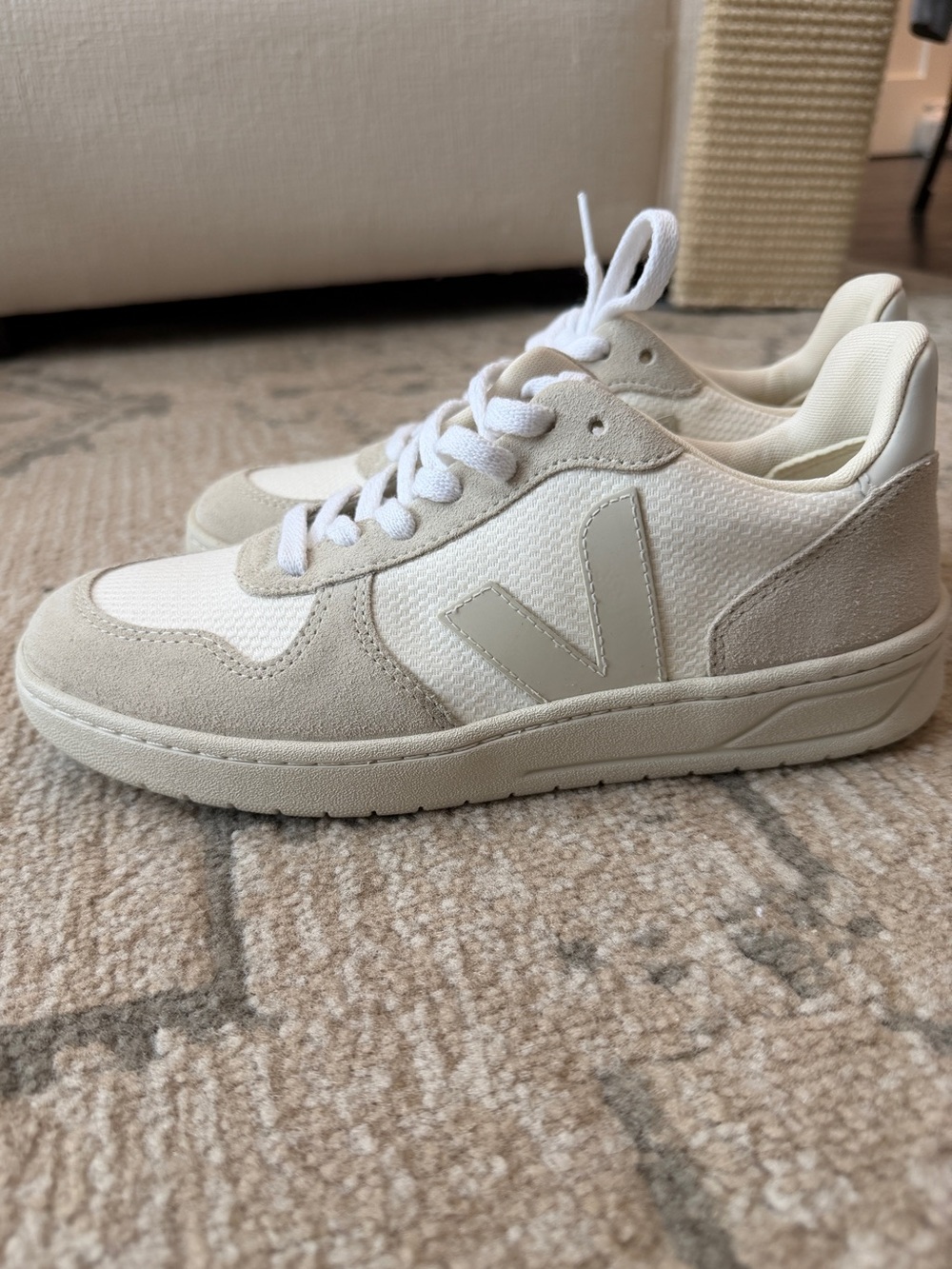 Veja V-10 Low-Top Sneaker in Off-White and Beige Suede
